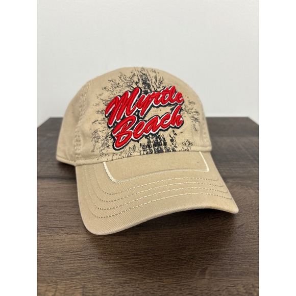 Myrtle Beach Hat Cap Tan Red Embroidered Adjustable Baseball Adult - Picture 1 of 4